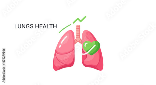 Illustration showing healthy lungs with a green heart and rising trend line indicating well-being