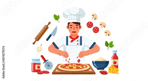 Illustration of a cheerful chef preparing pizza surrounded by ingredients and cooking tools