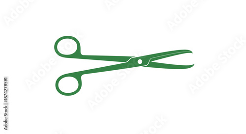Minimalist vector illustration of green curved surgical scissors on white backdrop for healthcare