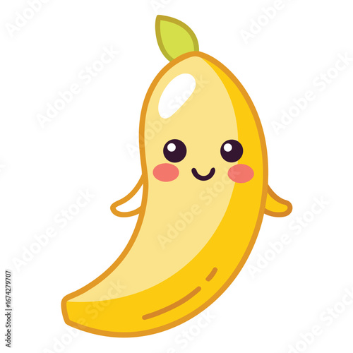 A hilarious yellow cartoon banana character with a big happy smile, isolated on a white background like a crescent moon, is a healthy and fresh tropical fruit illustration