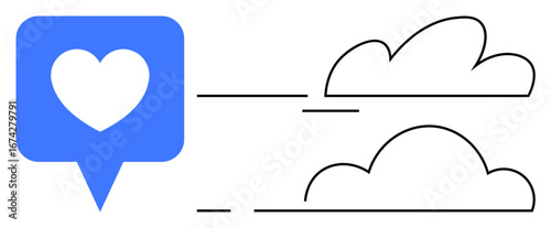 Blue heart-shaped notification with message lines connecting to simplistic clouds. Ideal for social media, communication, connection, online interaction, love, technology, virtual relationships