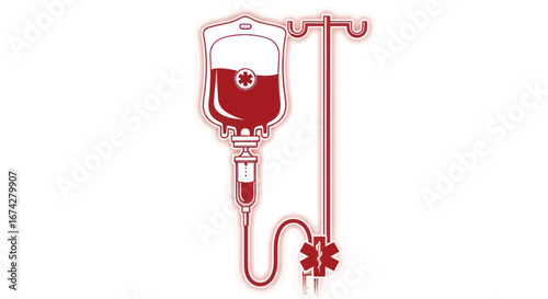 Symbolic blood transfusion illustration with medical assistance emblem, highlighting a lifeline in