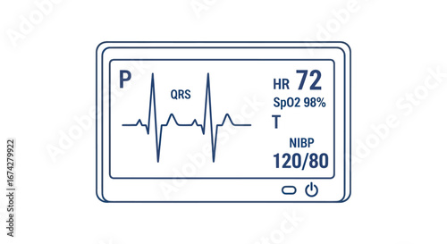 Vital signs monitor displaying heartbeat rhythm and oxygen saturation in hospital conditions