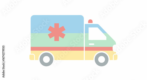 Pastel-colored cartoon ambulance with a star of life, vehicle for emergency response