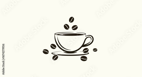 Elegant monochrome depiction of a coffee cup amidst scattered coffee beans arrangement
