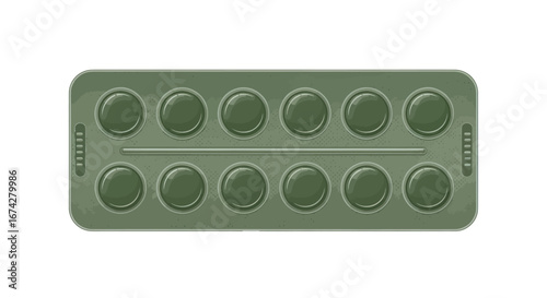 Olive green blister pack with twelve round pills offering health and well being solutions for