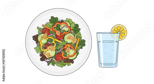 Fresh salad presentation complemented by sparkling citrus water on a light background