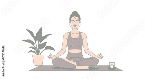 Harmony of mind and body, serene yoga session amidst plant and candle illumination