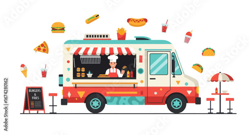Illustration of a vibrant food truck with appetizing graphics and a cheerful chef character ready