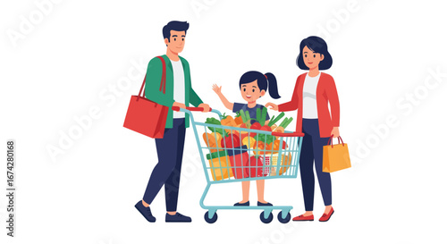 Family grocery shopping trip together, purchasing fresh vegetables and healthy ingredients,