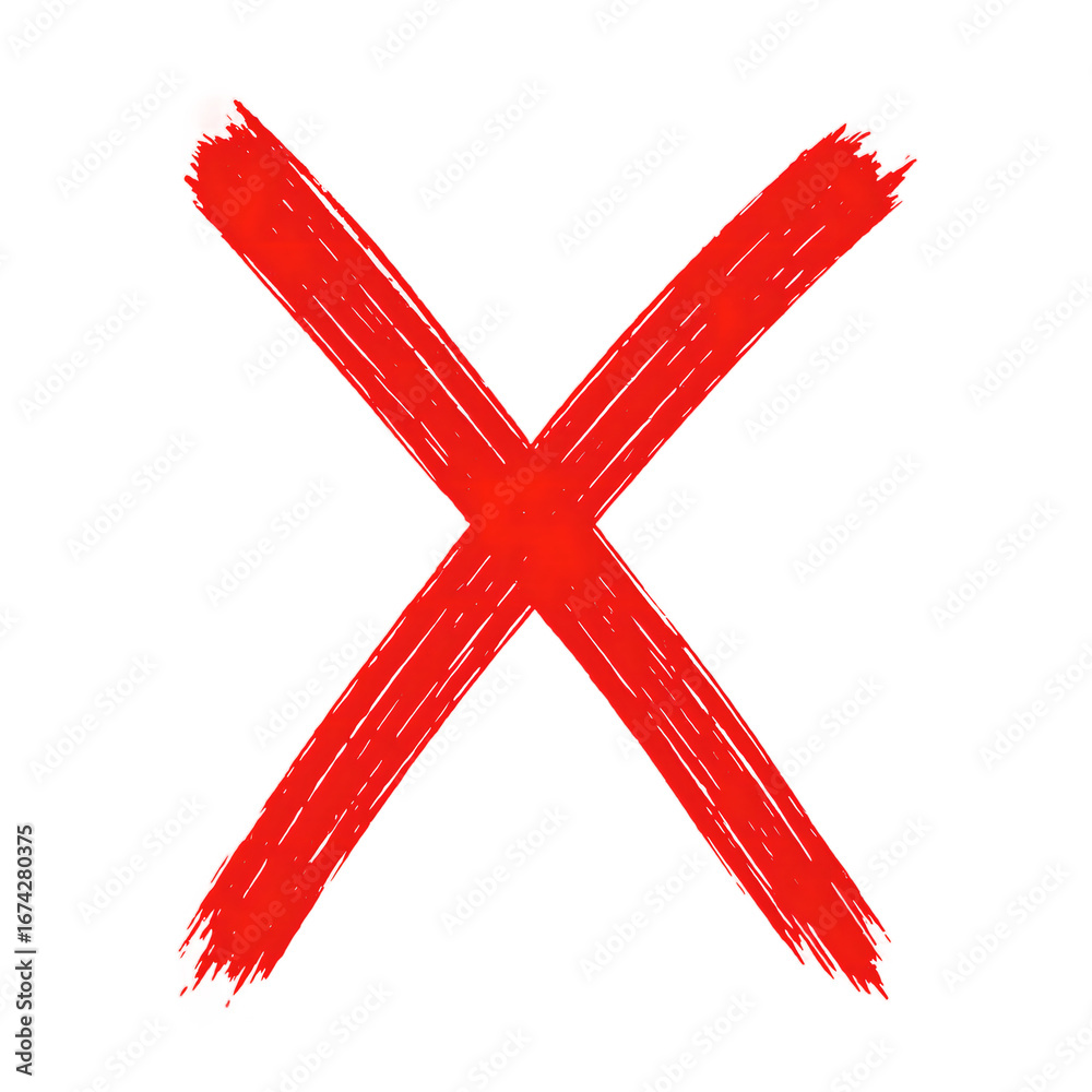 Obraz premium A bold red X symbol resembling quick scribbles stands out on a clean white backdrop Ideal for concepts of choice or rejection, isolated