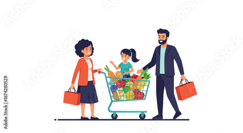Family shopping for fresh produce and groceries together in an illustrative scene
