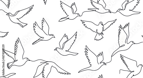 Elegant seamless pattern featuring continuous line drawings of doves on a clean white backdrop