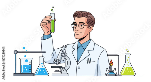 Scientist in lab coat analyzing green liquid in test tube with laboratory equipment