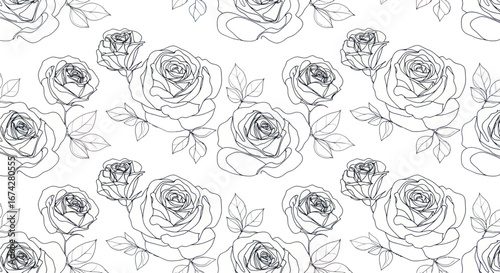 Elegant monochrome rose floral arrangement creating a seamless repeating pattern for wallpaper