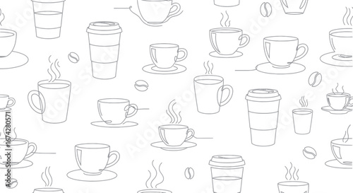 Simple coffee cup line art pattern showcasing an assortment of coffee vessels and beans