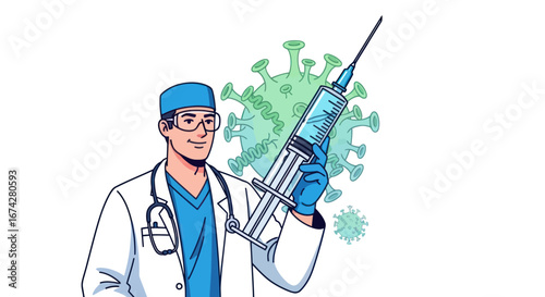 Healthcare professional with vaccine injection poised against novel coronavirus backdrop