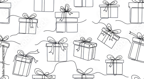 Elegant gift boxes in black line art style repeating pattern for backgrounds and textiles