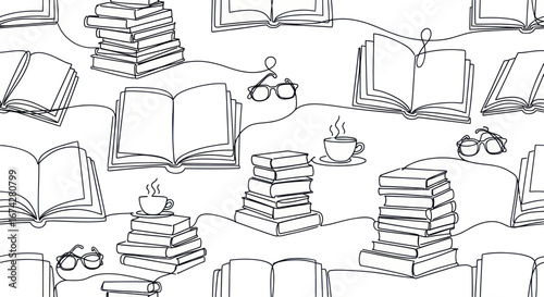 Monochrome continuous line illustration of books, coffee cups and spectacles creates reading