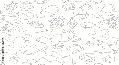 Serene underwater world with continuous line drawings of fish and coral reefs creating a