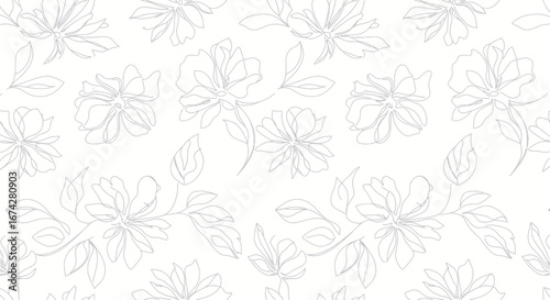 Delicate floral tracery pattern with stylized blossoms and foliage on an off white canvas surface