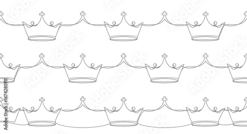 Continuous line art pattern featuring regal crowns on a pristine white canvas showcasing elegance