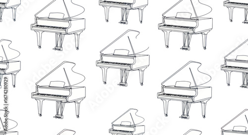 Grand pianos pattern with minimalist black outlines on pure white background creating artistic