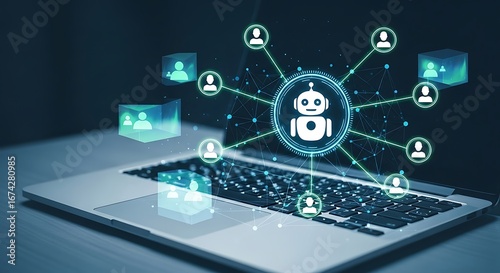 Wallpaper Mural Futuristic digital network connecting a central robot icon to multiple user profiles and glowing cubes representing artificial intelligence and technology integration on a laptop Torontodigital.ca