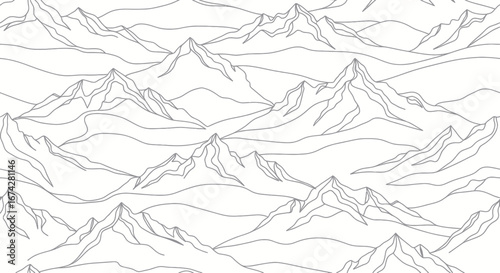 Line art mountain range silhouette with seamless repeat pattern for scenic designs