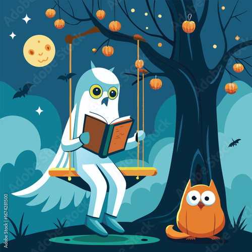 A spooky Halloween night illustration with a cartoon witch on her broomstick, a pirate ship on the sea, and fun monsters