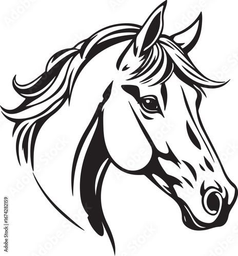 Vector silhouette illustration of a running black stallion head with a flowing mane, perfect for a symbol or tattoo design