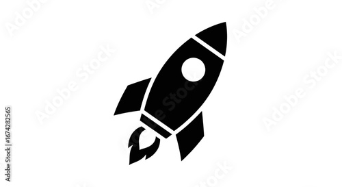 Minimalistic vector drawing depicting a retro styled spaceship launching to explore space