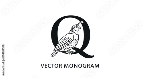 Elegant initial 'Q' vector monogram design featuring a delicately illustrated quail image