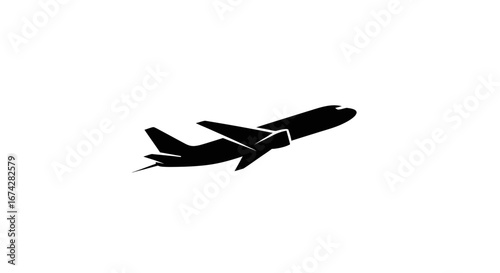 Aviation icon: airplane silhouette ascending against a clean white backdrop showcasing travel and