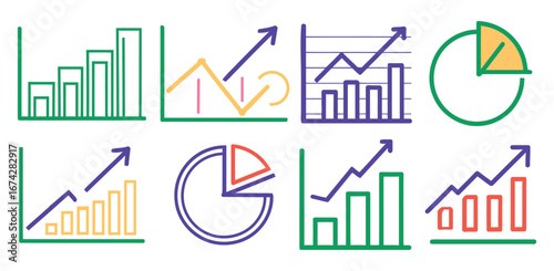 Illustration showing various types of charts including bar graphs line graphs and pie charts in color 100