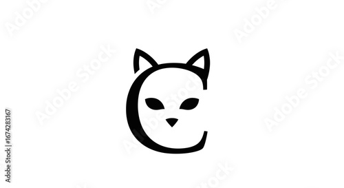 Minimalist feline glyph design rendered in elegant black and white contrasting hues