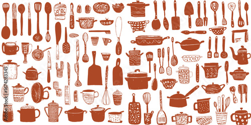 Collection of kitchen utensils and cookware in a vintage style illustration design art print image
