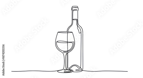 Minimalist wine art showcasing a bottle and glass, a fluid single line design ideal for design