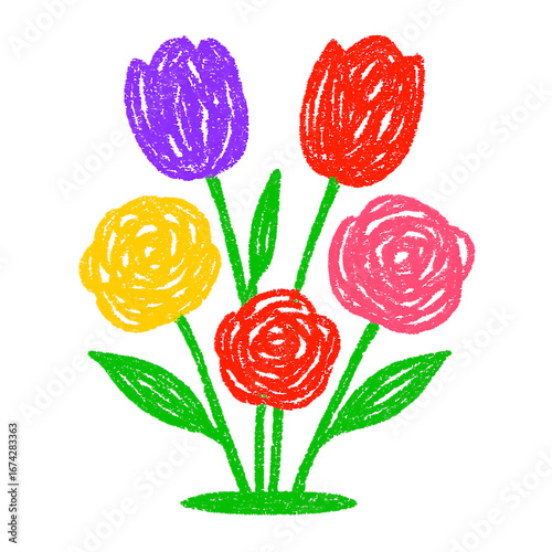 Colorful crayon drawing of five blooming flowers isolated on a transparent background