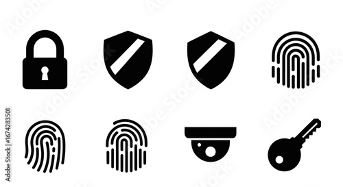 Security icons arrangement highlighting protection, surveillance, and access control methods