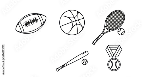 Assortment of monochrome athletic gear including a basketball, baseball bat, and trophy