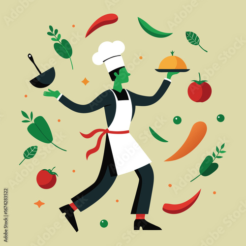 Girl in a red dress holding apples illustration