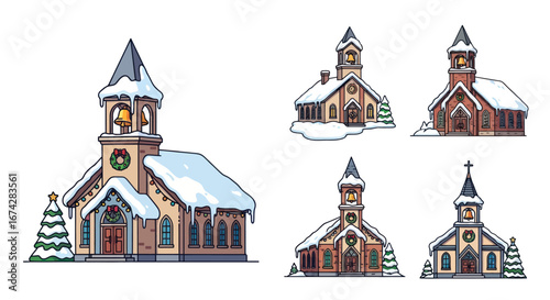 Cartoonish churches covered in snow evoking a festive and religious atmosphere for christmas time