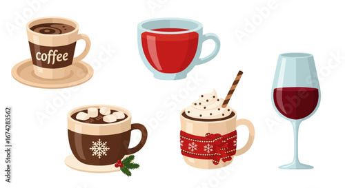 Cozy winter beverage assortment featuring hot cocoa, coffee, mulled wine and chocolate delight