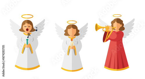 Angelic Trio Celebrating Joyfully: A Vector Illustration of Singing and Trumpeting Angels