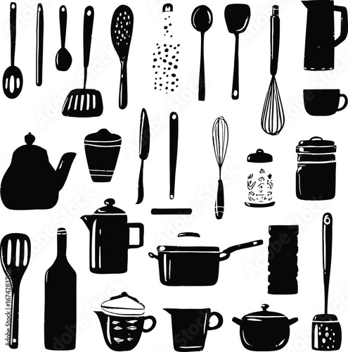 Assortment of kitchen utensils and containers in black and white vector illustration style drawing art