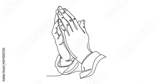 Minimalist depiction of praying hands in continuous line art style on a white background