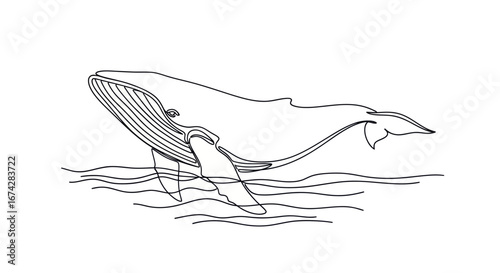 Abstract ocean depiction: a minimalist continuous line drawing of a whale breaching the waves