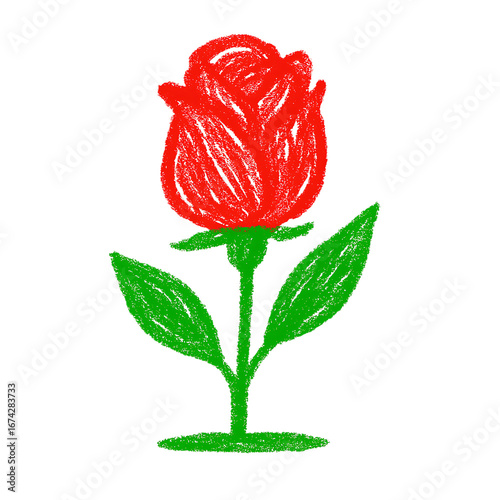 Red rose with green stem and leaves drawn in crayon style isolated on a transparent background