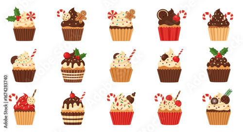 Festive array of Christmas themed cupcakes with sweet toppings and colorful decorations